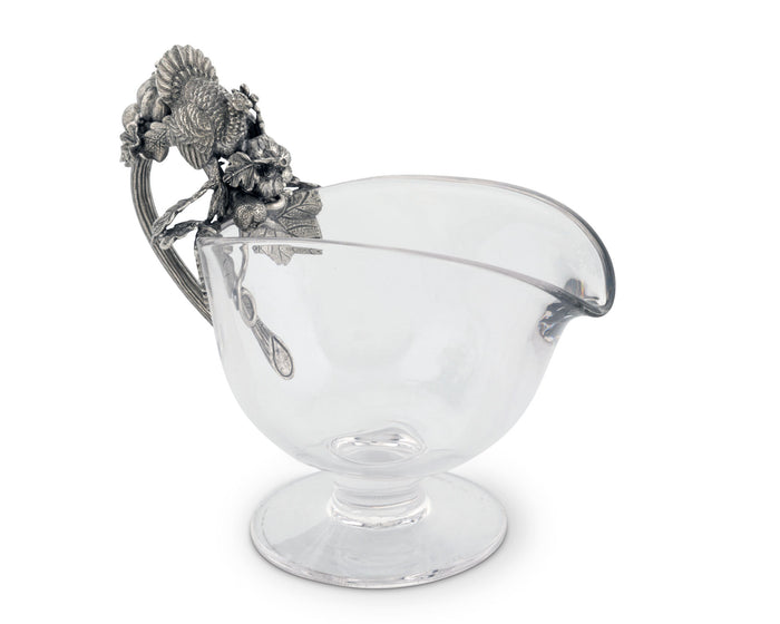 Hand Blown Glass Gravy Boat Pewter Harvest Turkey