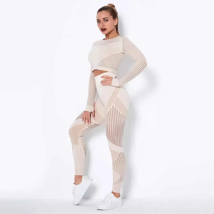 High Waist Leggings Set for Women, Seamless Long Sleeve Yoga Tracksuit for Fitness and Workout - Allen-Fitness