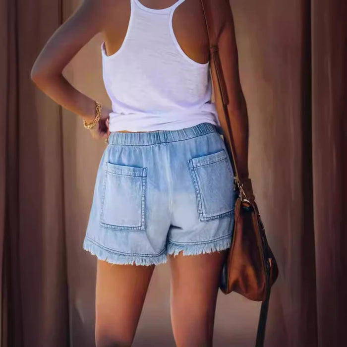 High waisted drawstring fringed denim shorts for women