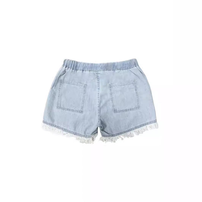 High waisted drawstring fringed denim shorts for women