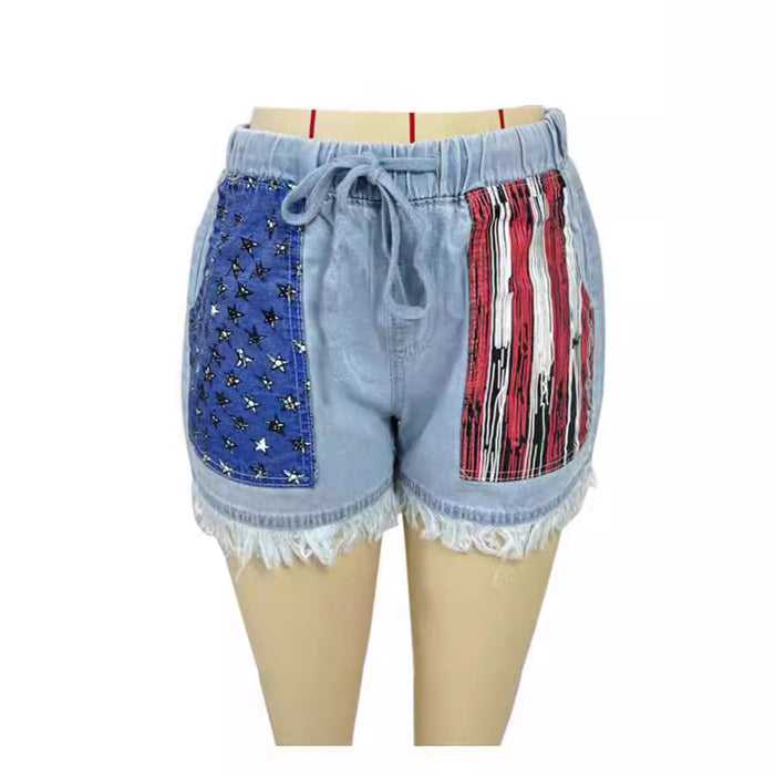 High waisted drawstring fringed denim shorts for women