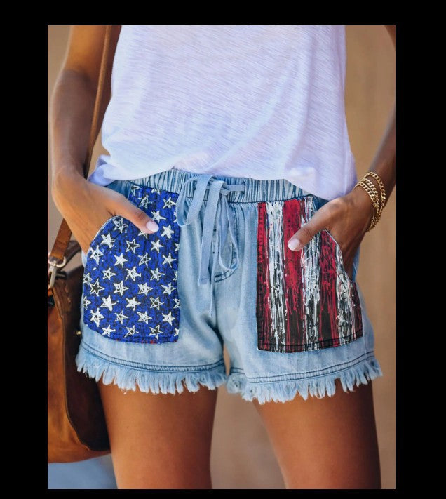 High waisted drawstring fringed denim shorts for women
