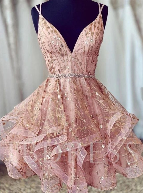 Homecoming Dress 2022 V Neck Short Corset Back Sleeveless Ruffles with Shine