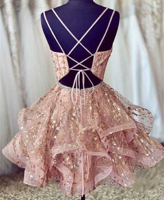 Homecoming Dress 2022 V Neck Short Corset Back Sleeveless Ruffles with Shine
