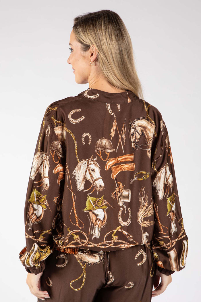 Horse Print Satin Bomber Jacket