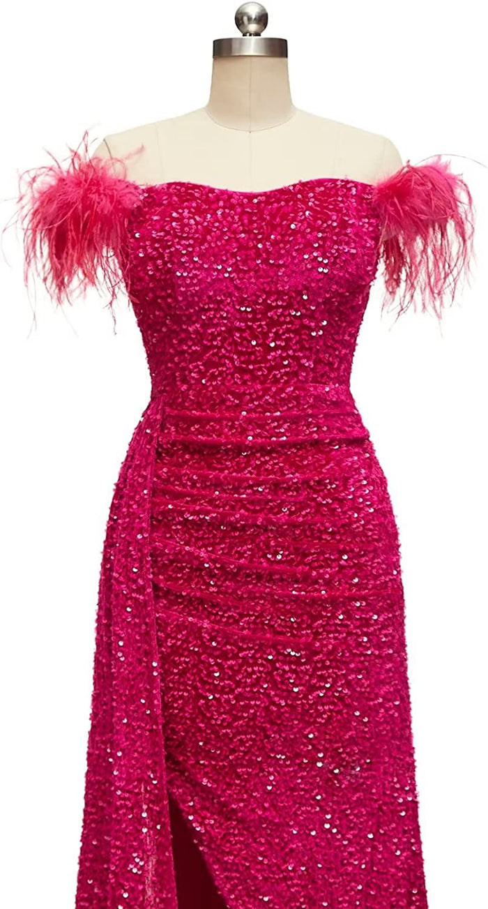Hot Pink Prom Dress 2023 Mermaid Off the Shoulder Corset Back Slit Sequin with Feathers