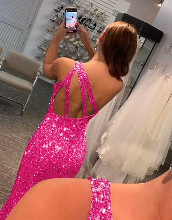 Hot Pink Prom Dresses 2023 Long Bodycon Sequin with Slit