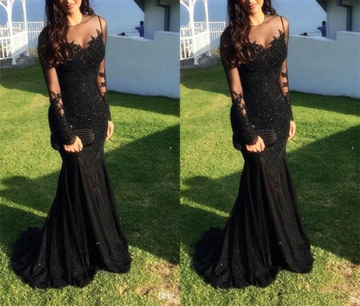 Illusion Top Black Lace Long Prom Dress 2021 Halloween Dress with Long Sleeves
