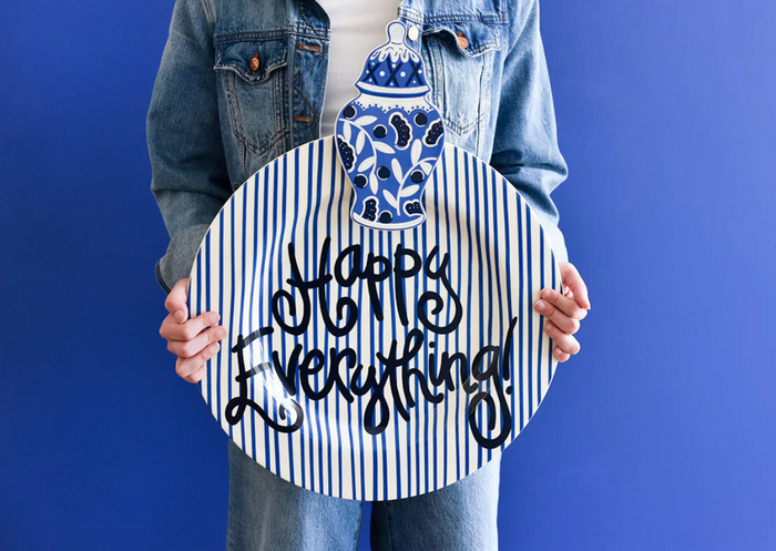 Indigo Skinny Stripe Big Happy Everything! Round Platter