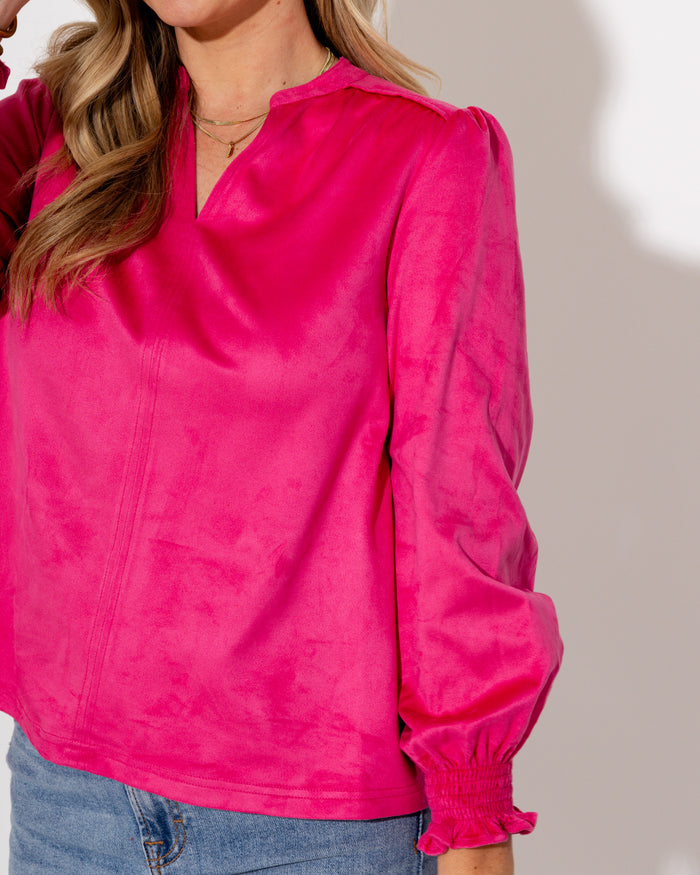 Ivy Jane | Long Sleeve Suede Top in Hot Pink