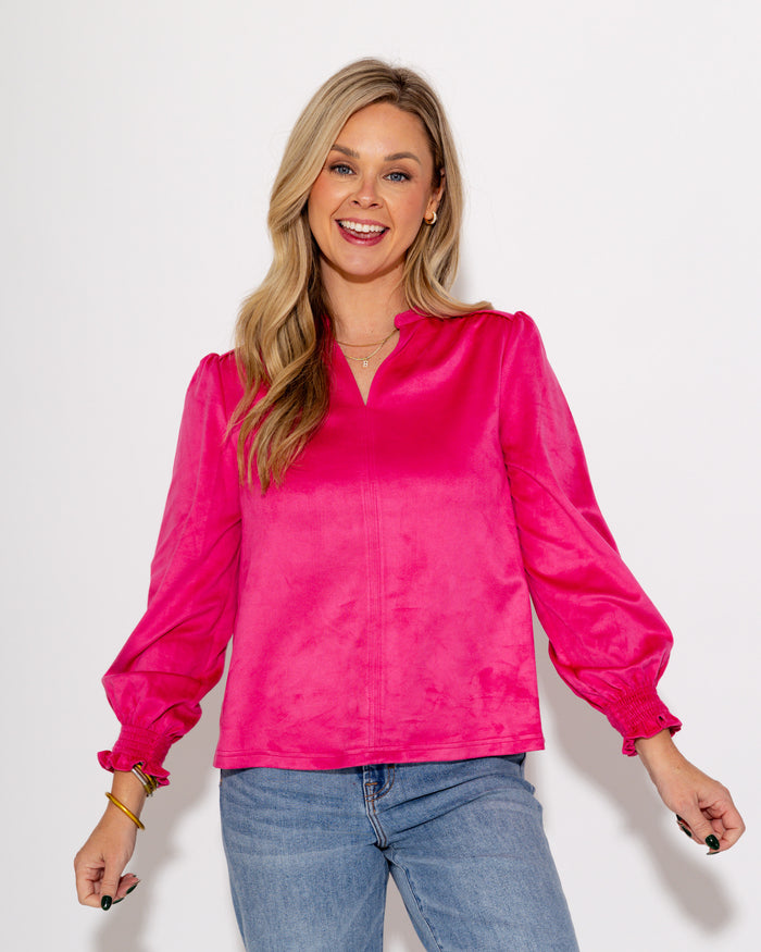 Ivy Jane | Long Sleeve Suede Top in Hot Pink