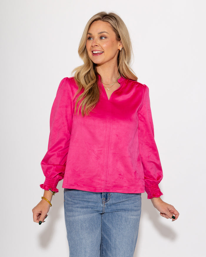 Ivy Jane | Long Sleeve Suede Top in Hot Pink