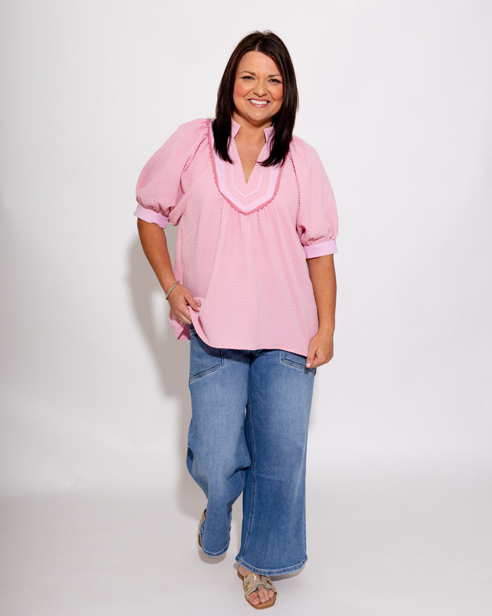 Jacquard Contrast Trim Top in Pink