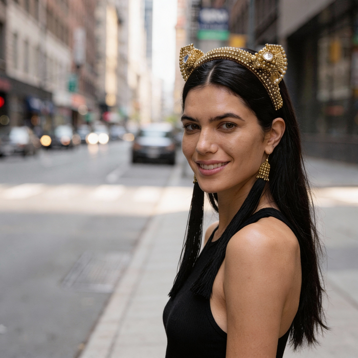 Woman smile wear Jas Headband i
Gold by Object&Dawn in city road backgourd