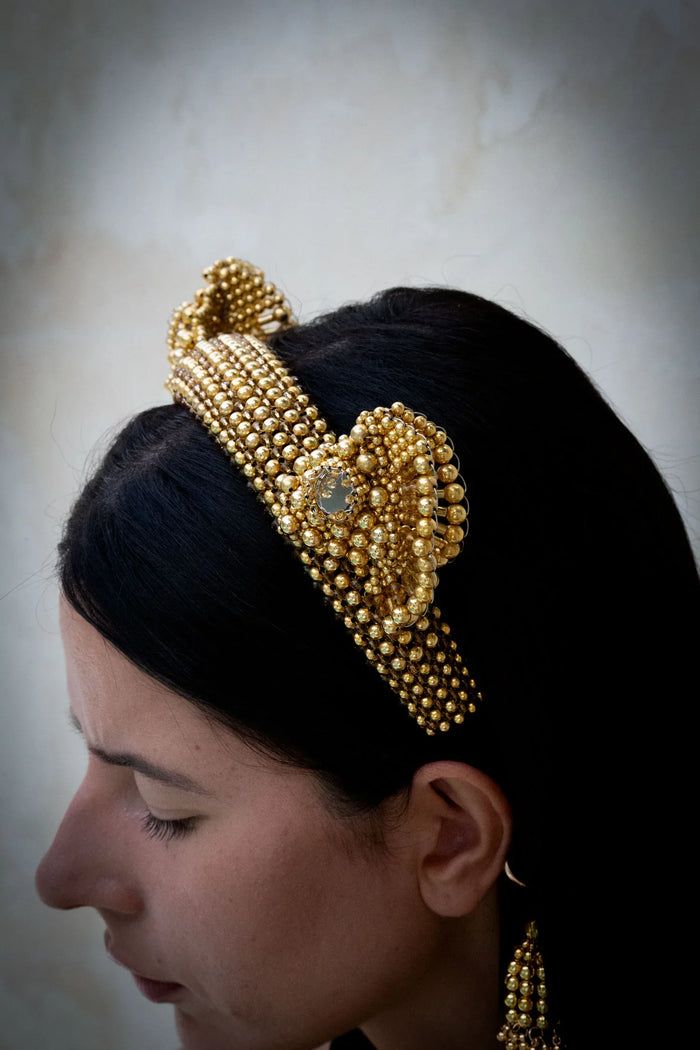 Close up look of beaded detail Jas Headband gold front side by Object & Dawn