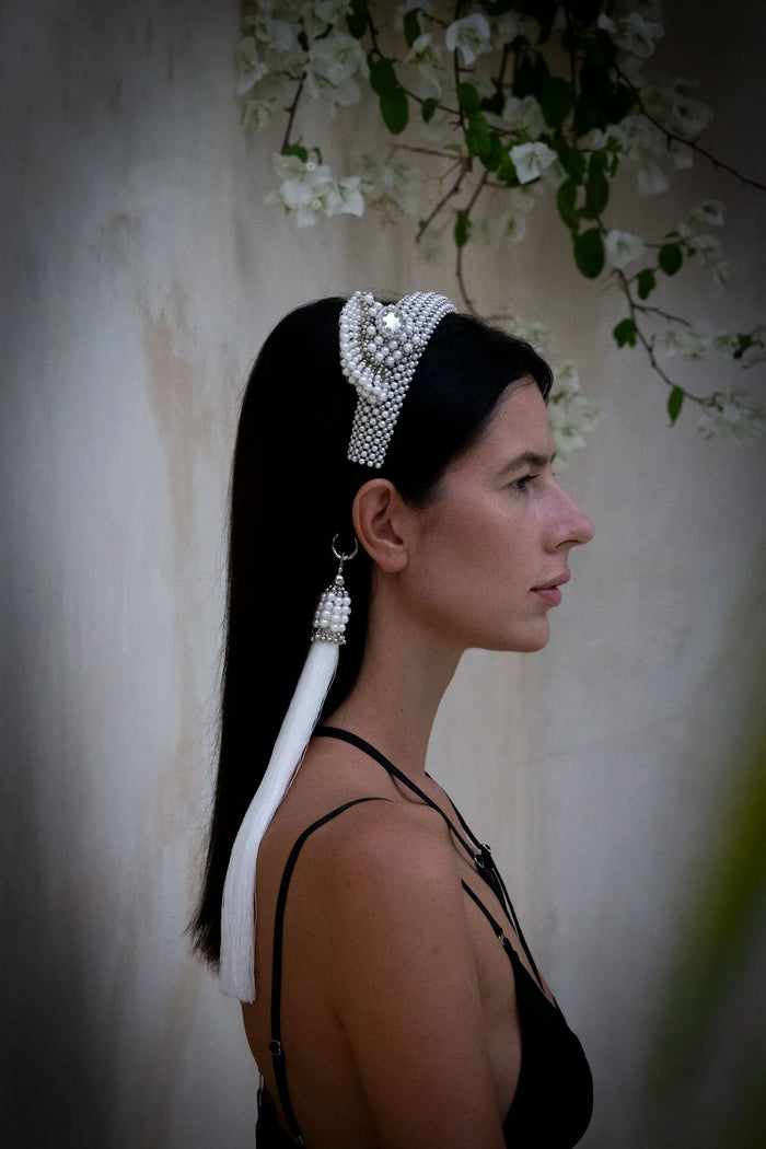 handcrafted modular headband from syntethic japanese pearl side view