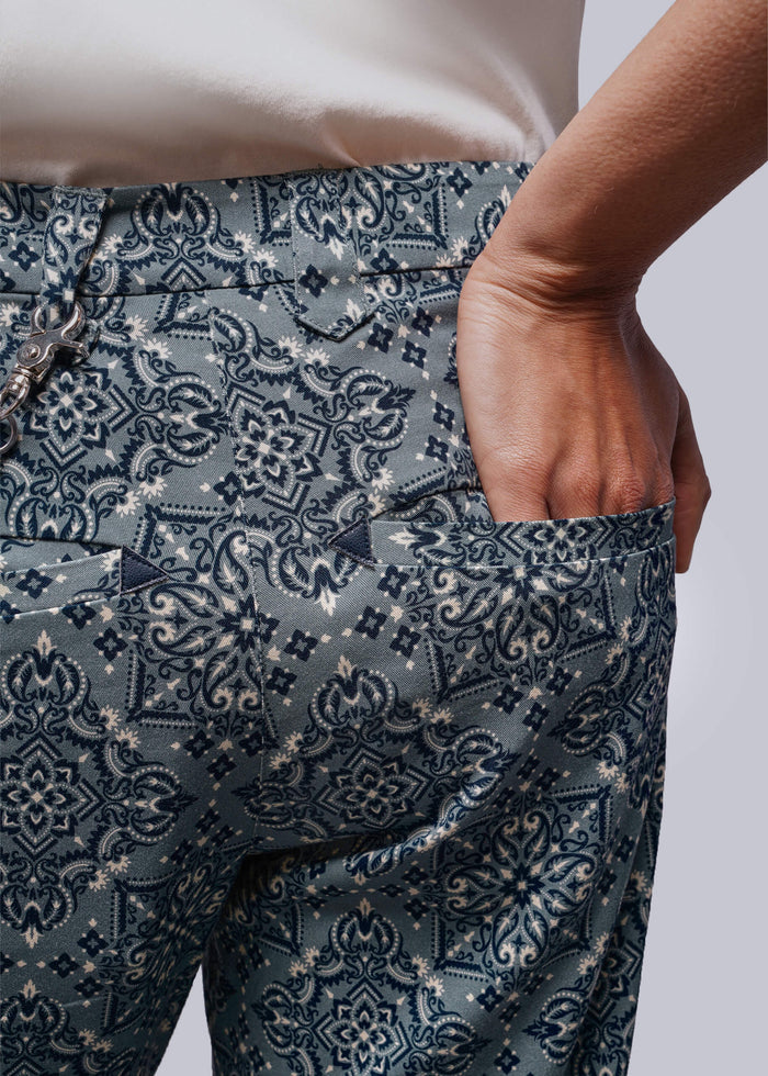 S=Close up of back of patterned pants with a plain background