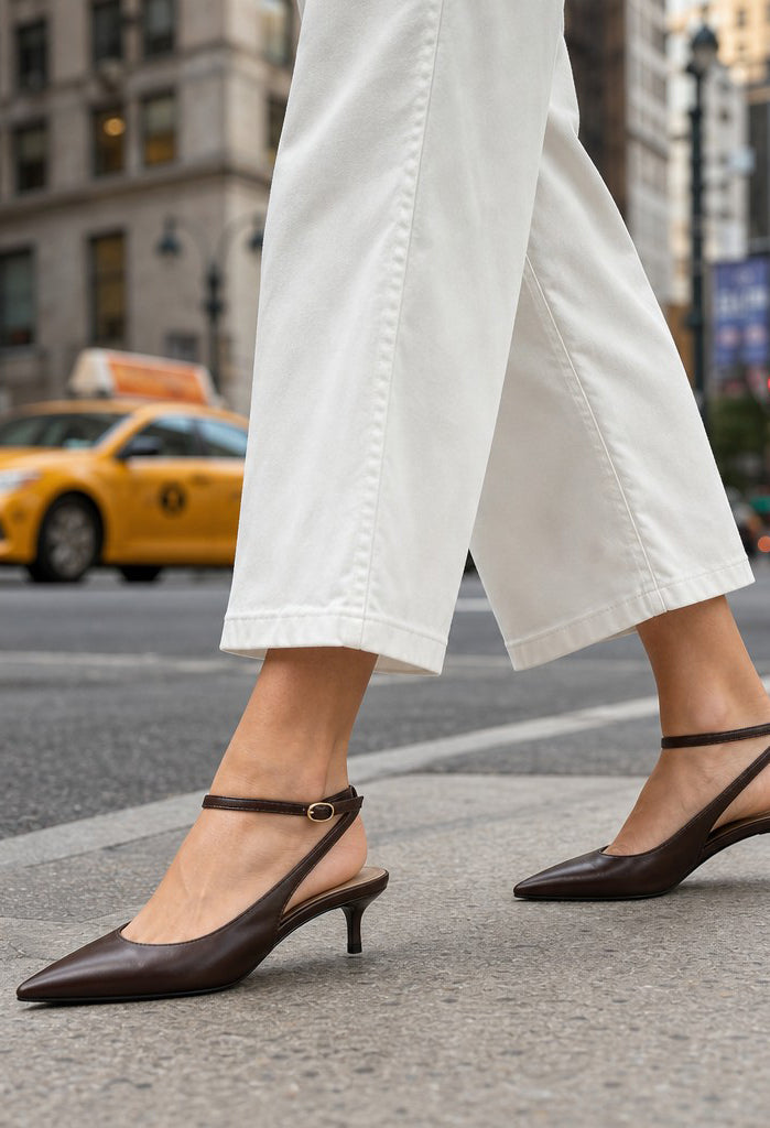 kitten heel sling back in brown