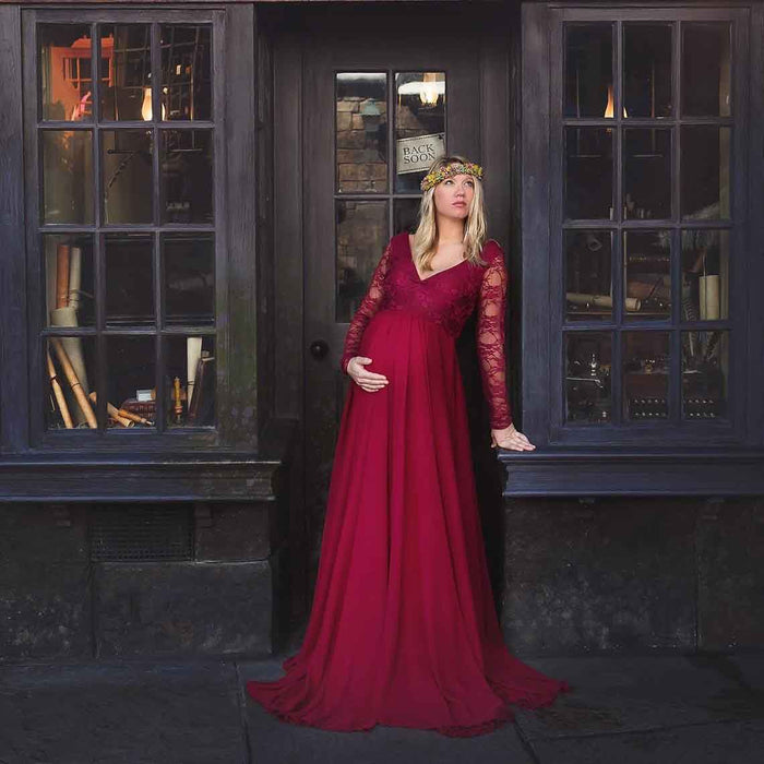 Lace Cotton Maternity Photography Dresses 2021 V Neck Long Sleeve Elegant