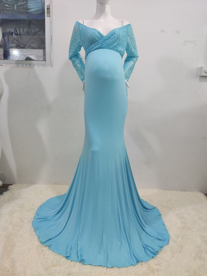 Lace Mermaid Maternity Photography Dresses V Neck Long Sleeve 2021