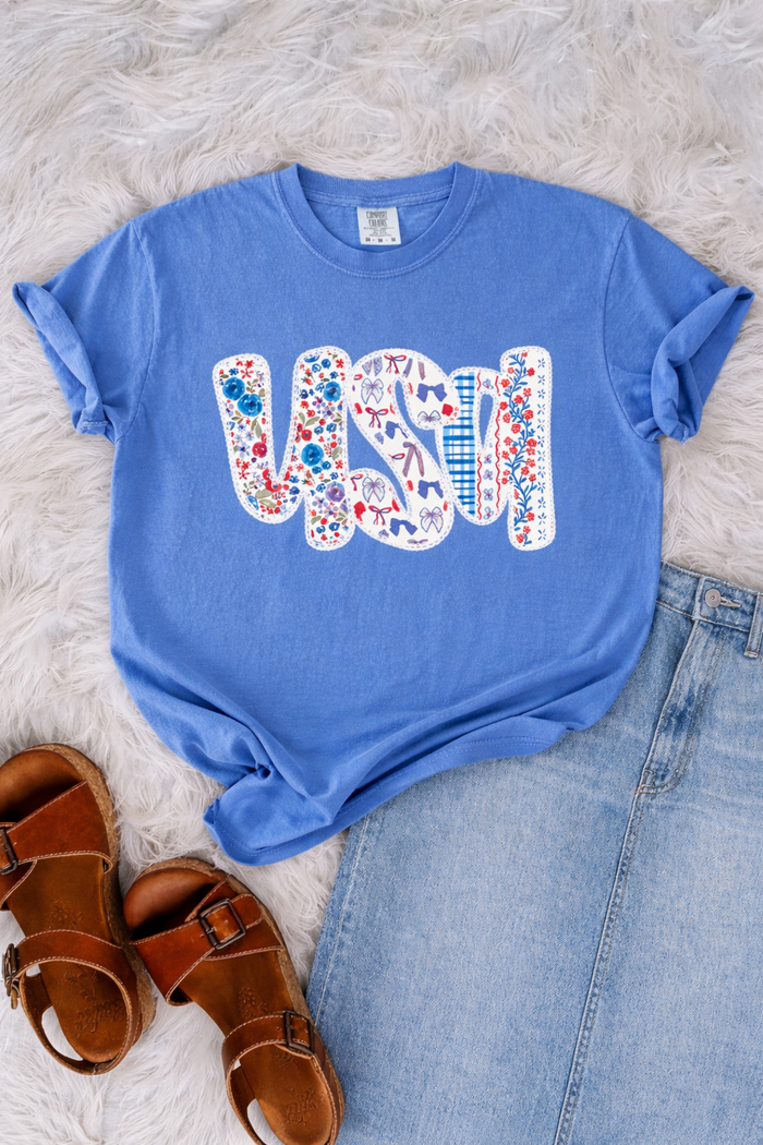 LACE TRIM USA GRAPHIC TEE - FLO BLUE