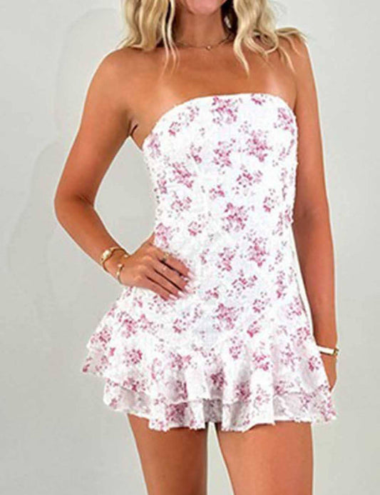 Ladies Floral Print Sleeveless Strapless  Mini Dress