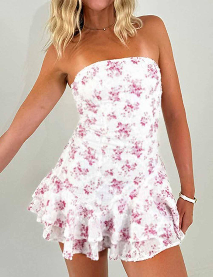 Ladies Floral Print Sleeveless Strapless  Mini Dress