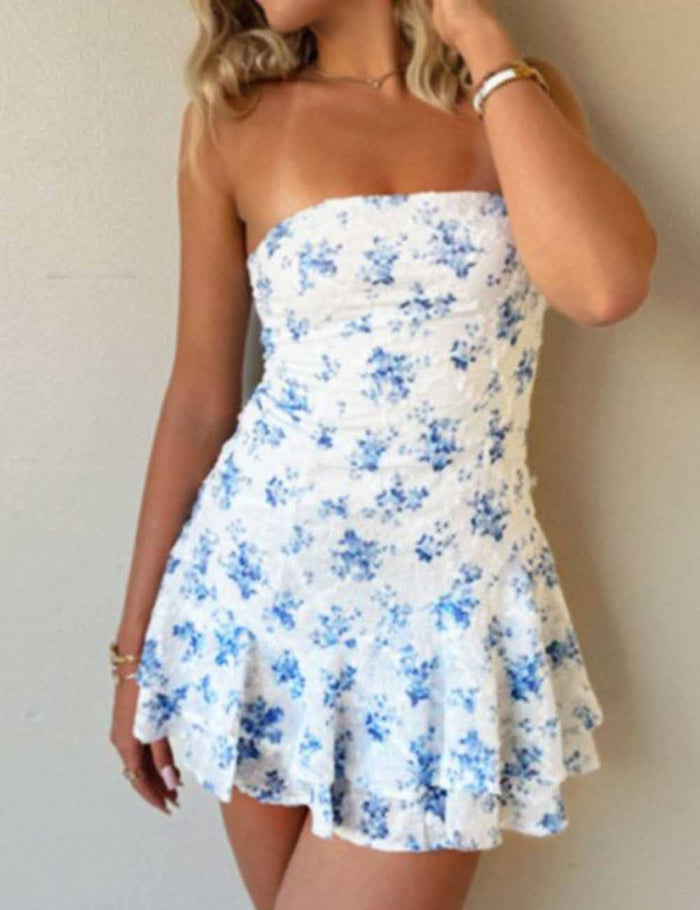 Ladies Floral Print Sleeveless Strapless  Mini Dress