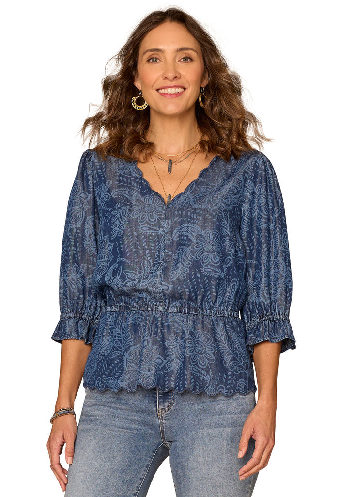 Lantern Sleeve V-Neck Printed Top