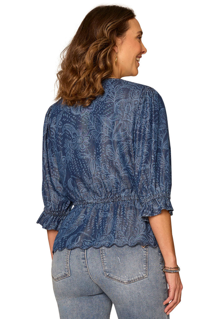 Lantern Sleeve V-Neck Printed Top