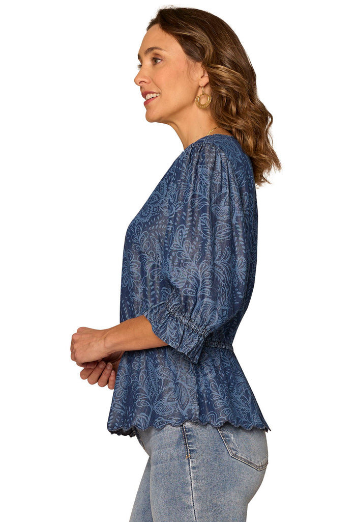 Lantern Sleeve V-Neck Printed Top