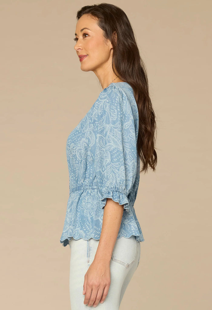 Lantern Sleeve V-Neck Printed Top