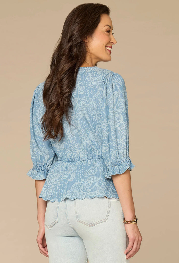 Lantern Sleeve V-Neck Printed Top