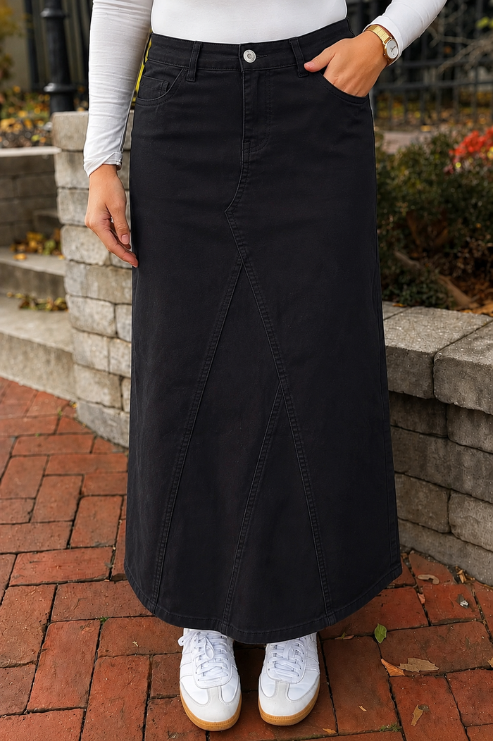 Leah Denim Maxi Skirt in Black