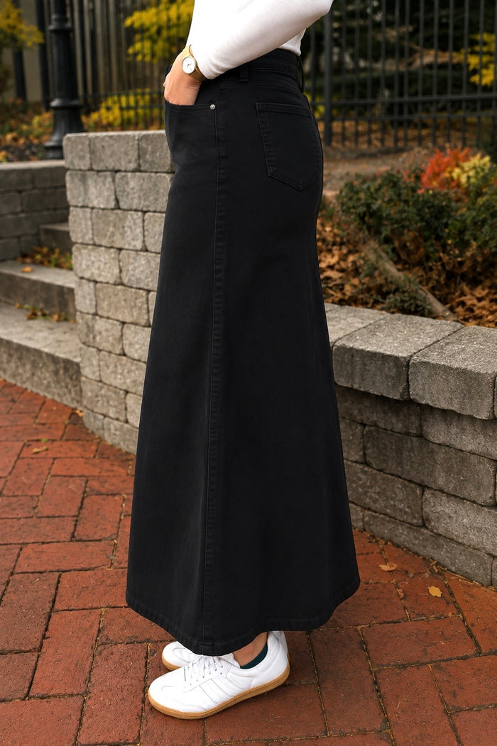 Leah Denim Maxi Skirt in Black