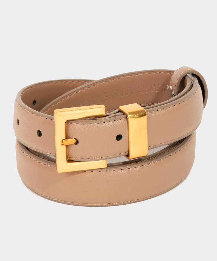 Leather Square Buckle Belt in Ivory