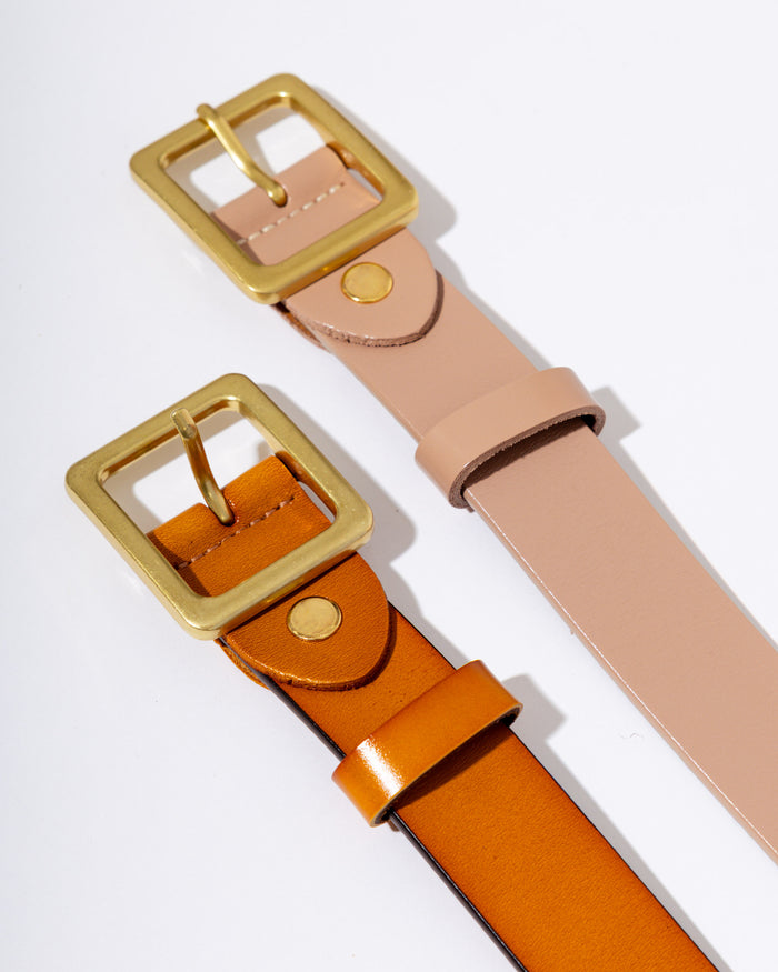 Leather Square Buckle Belt in Ivory