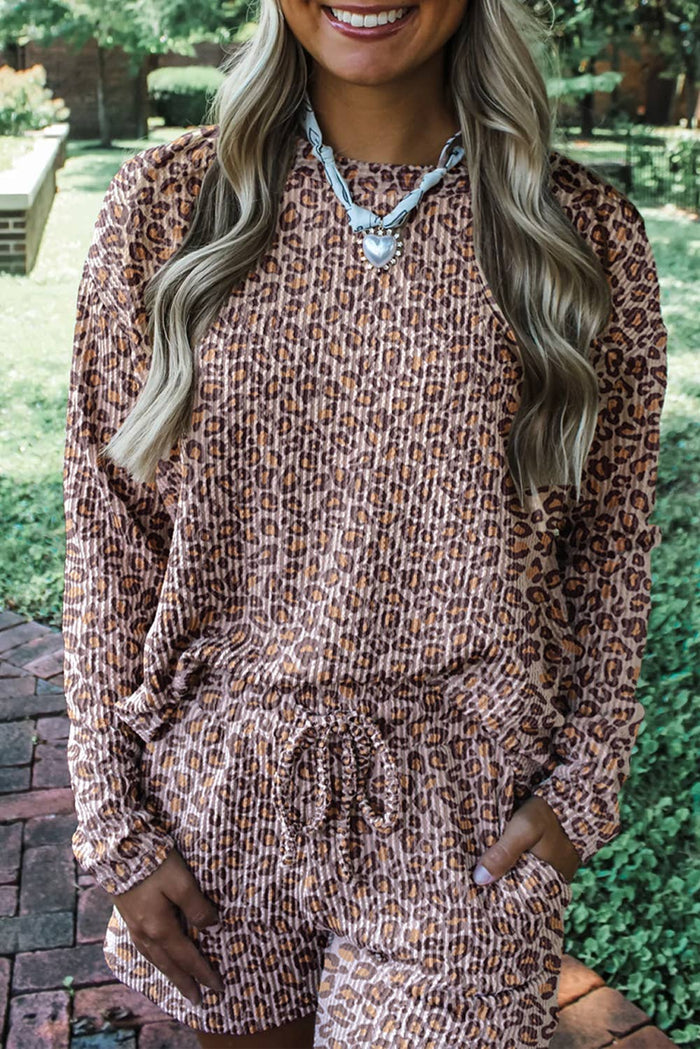 Leopard Ribbed Long Sleeve Top and Shorts 2pcs Outfit