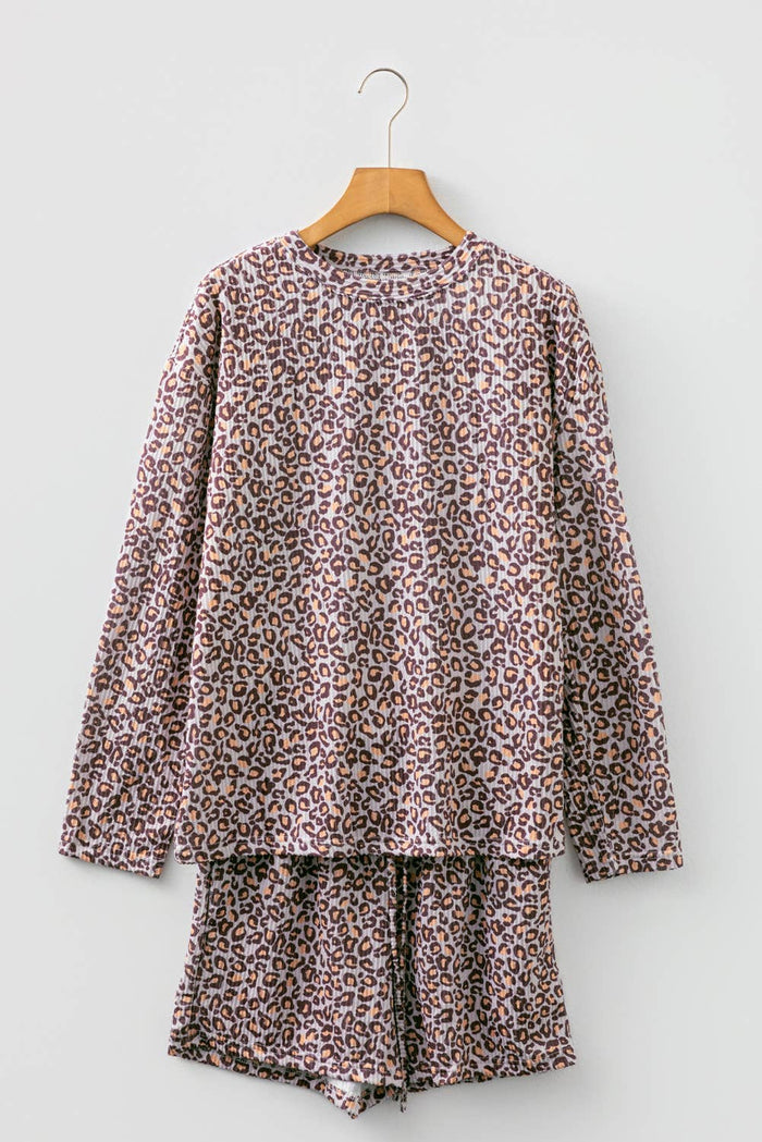 Leopard Ribbed Long Sleeve Top and Shorts 2pcs Outfit