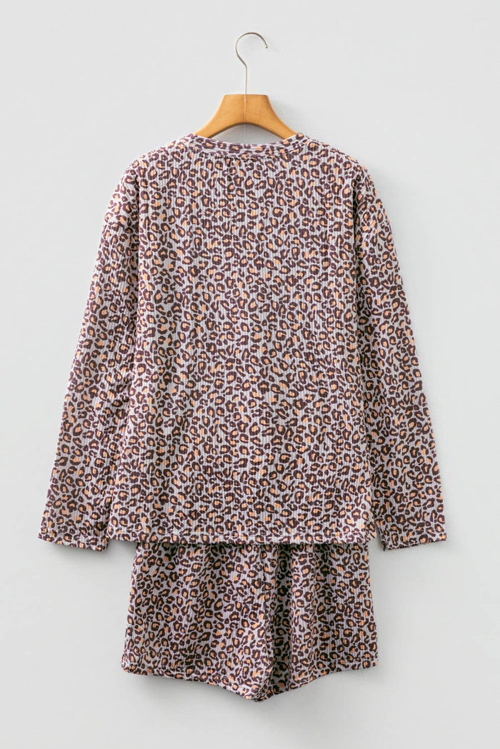 Leopard Ribbed Long Sleeve Top and Shorts 2pcs Outfit