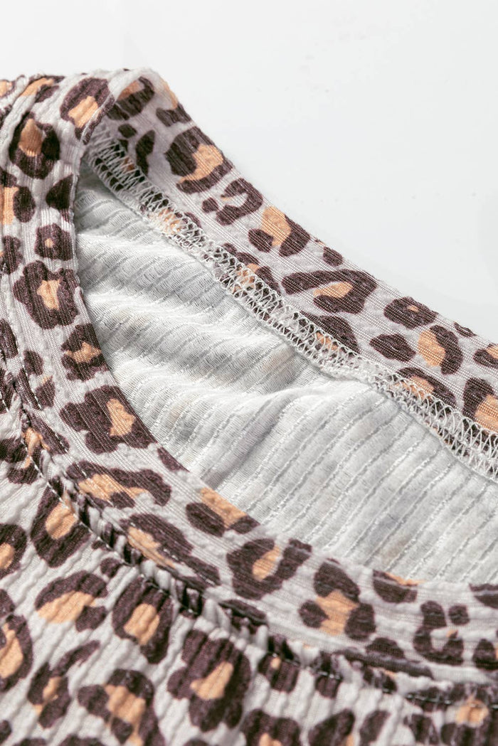 Leopard Ribbed Long Sleeve Top and Shorts 2pcs Outfit