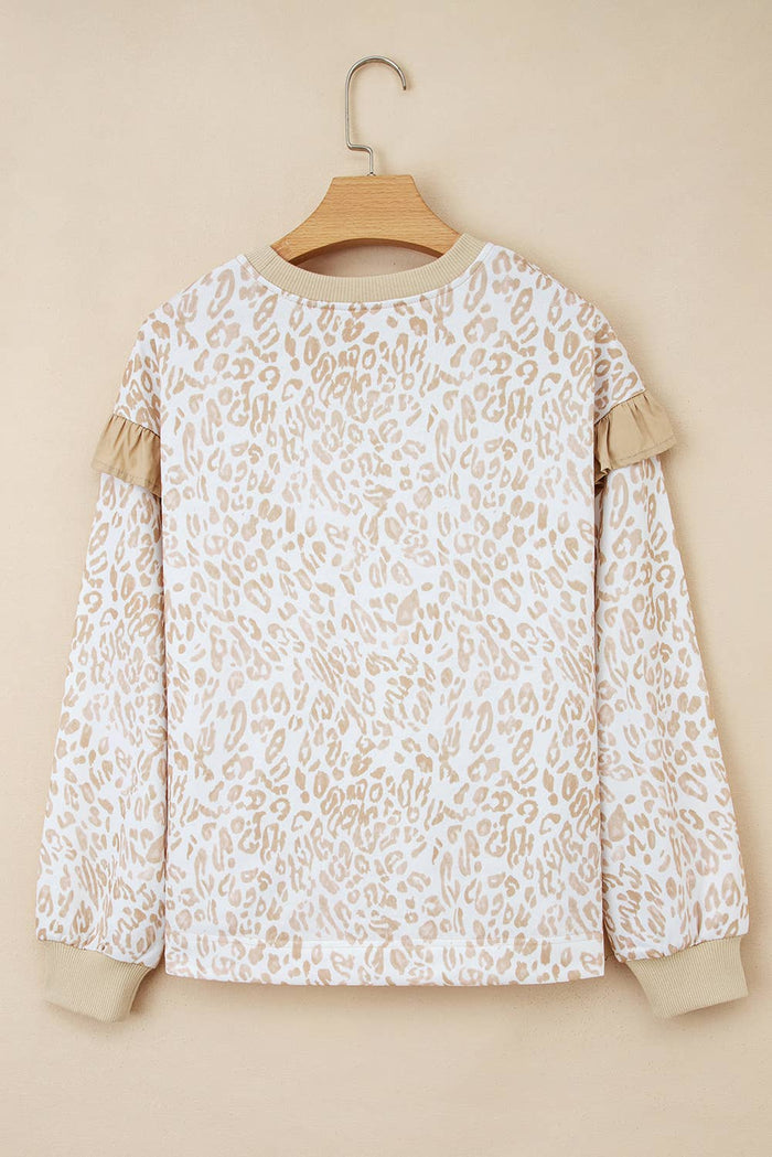 Leopard Ruffle Ribbed Trim Round Neck Sweatshirt