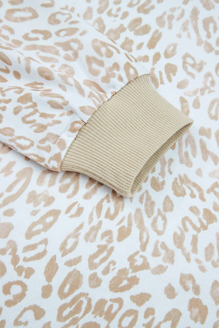 Leopard Ruffle Ribbed Trim Round Neck Sweatshirt