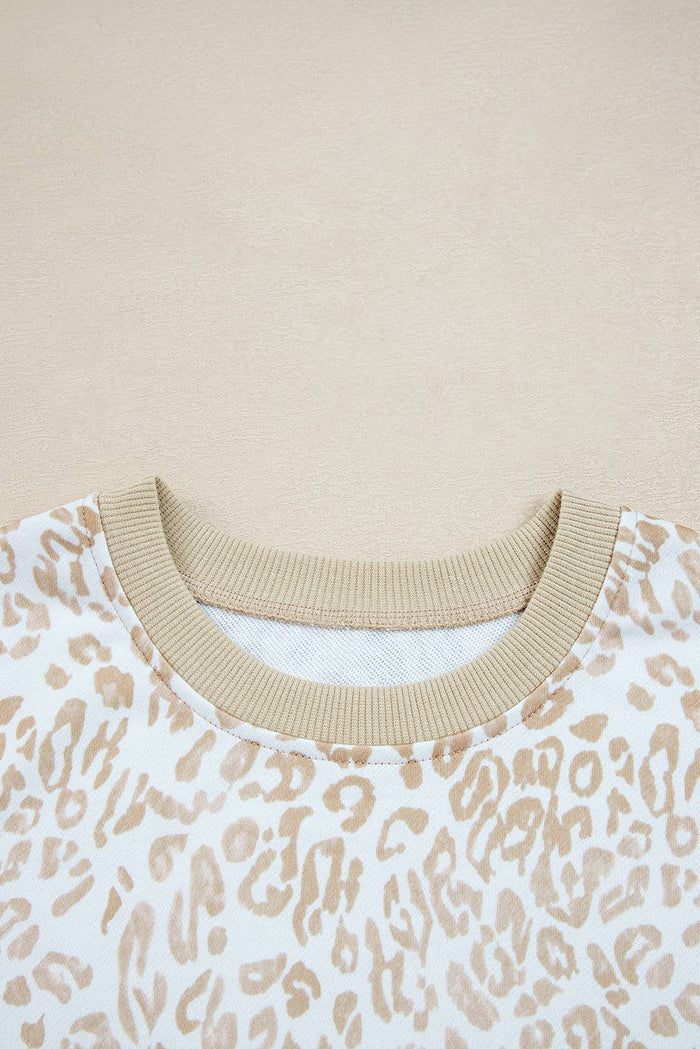 Leopard Ruffle Ribbed Trim Round Neck Sweatshirt