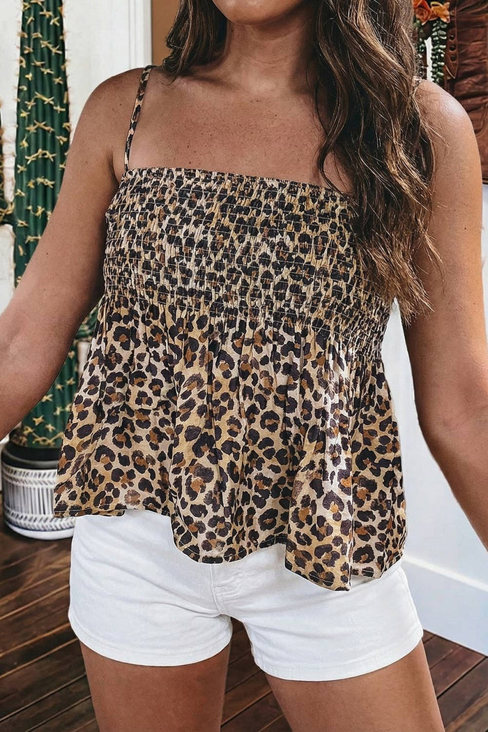 Leopard Spaghetti Straps Shirred Ruffle Tank Top