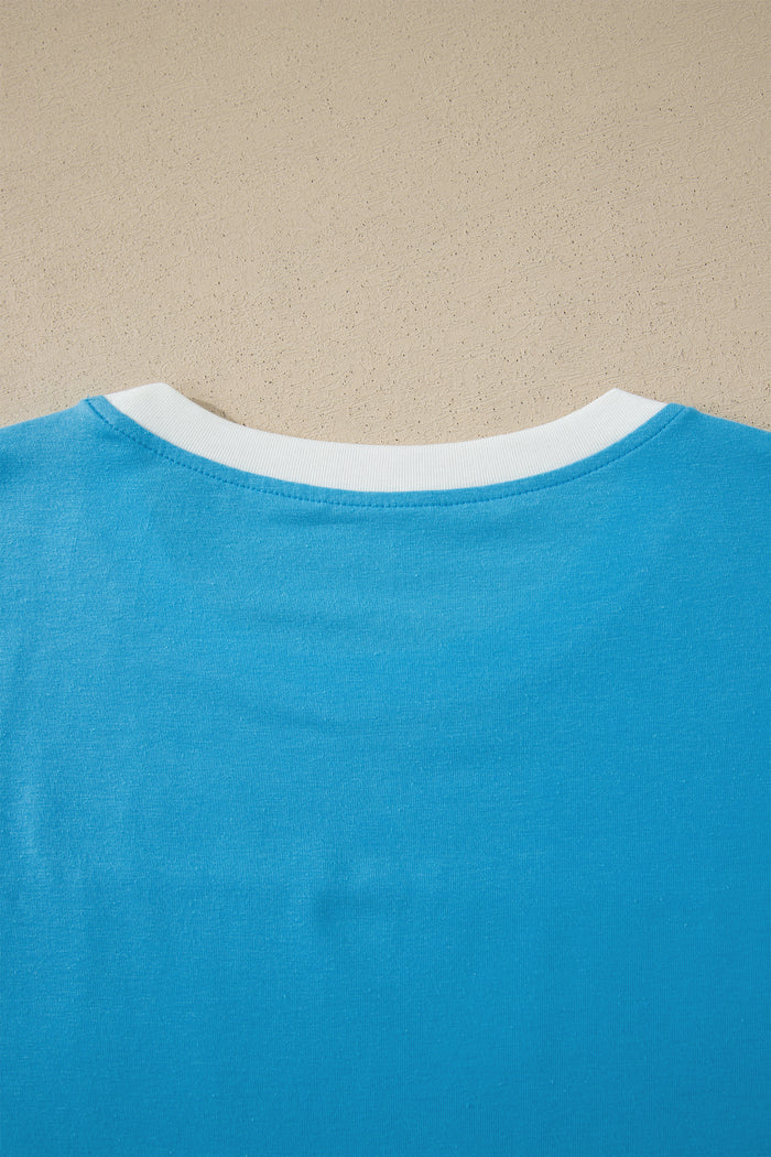 Light Blue Flag Print Patchwork Colorblock July 4th T Shirt