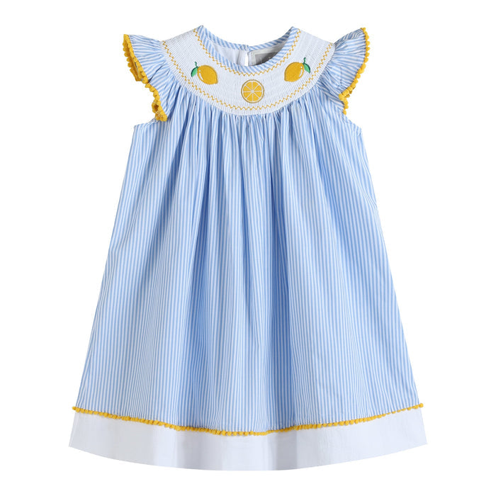Light Bue Striped Lemons Smocked Bishop Dress - Lil Cactus