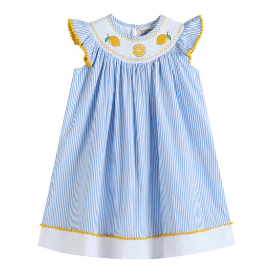 Light Bue Striped Lemons Smocked Bishop Dress - Lil Cactus