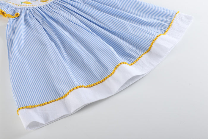Light Bue Striped Lemons Smocked Bishop Dress - Lil Cactus