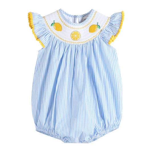 Light Blue Striped Lemons Smocked Ruffle Romper - Lil Cactus